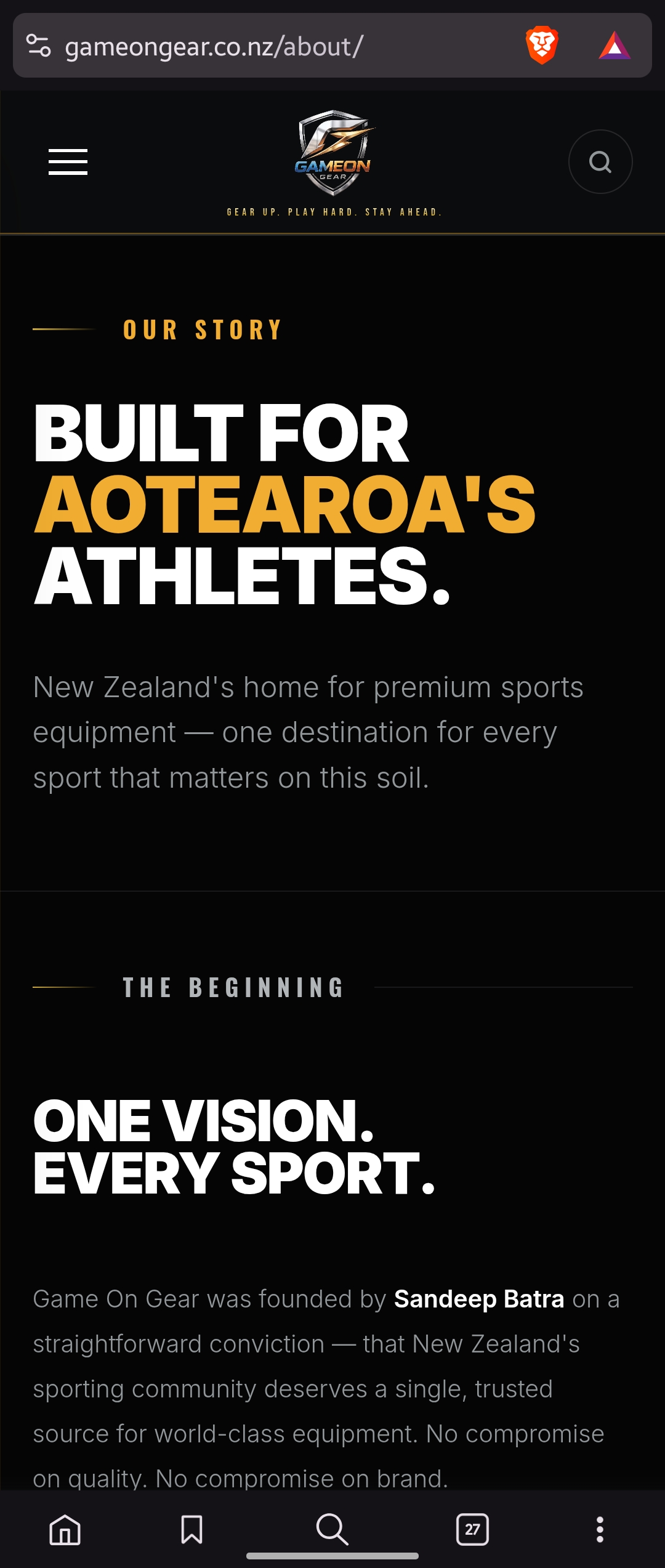 Game On Gear about page on mobile