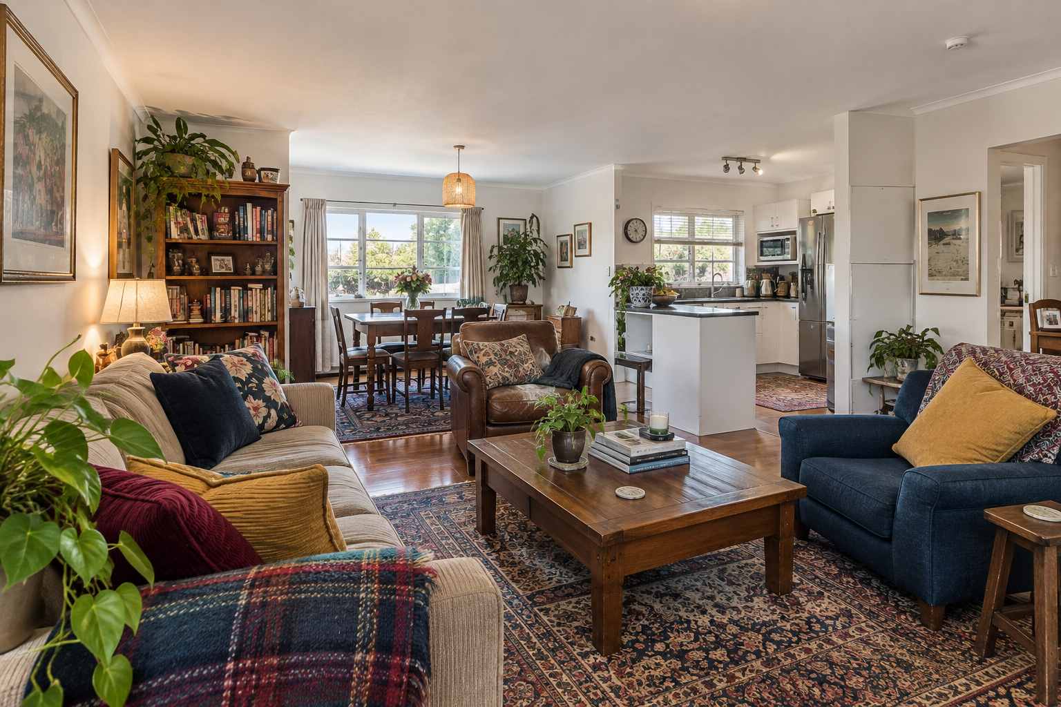 A densely furnished open-plan lounge and dining area with dark furniture, layered rugs and many decorative objects