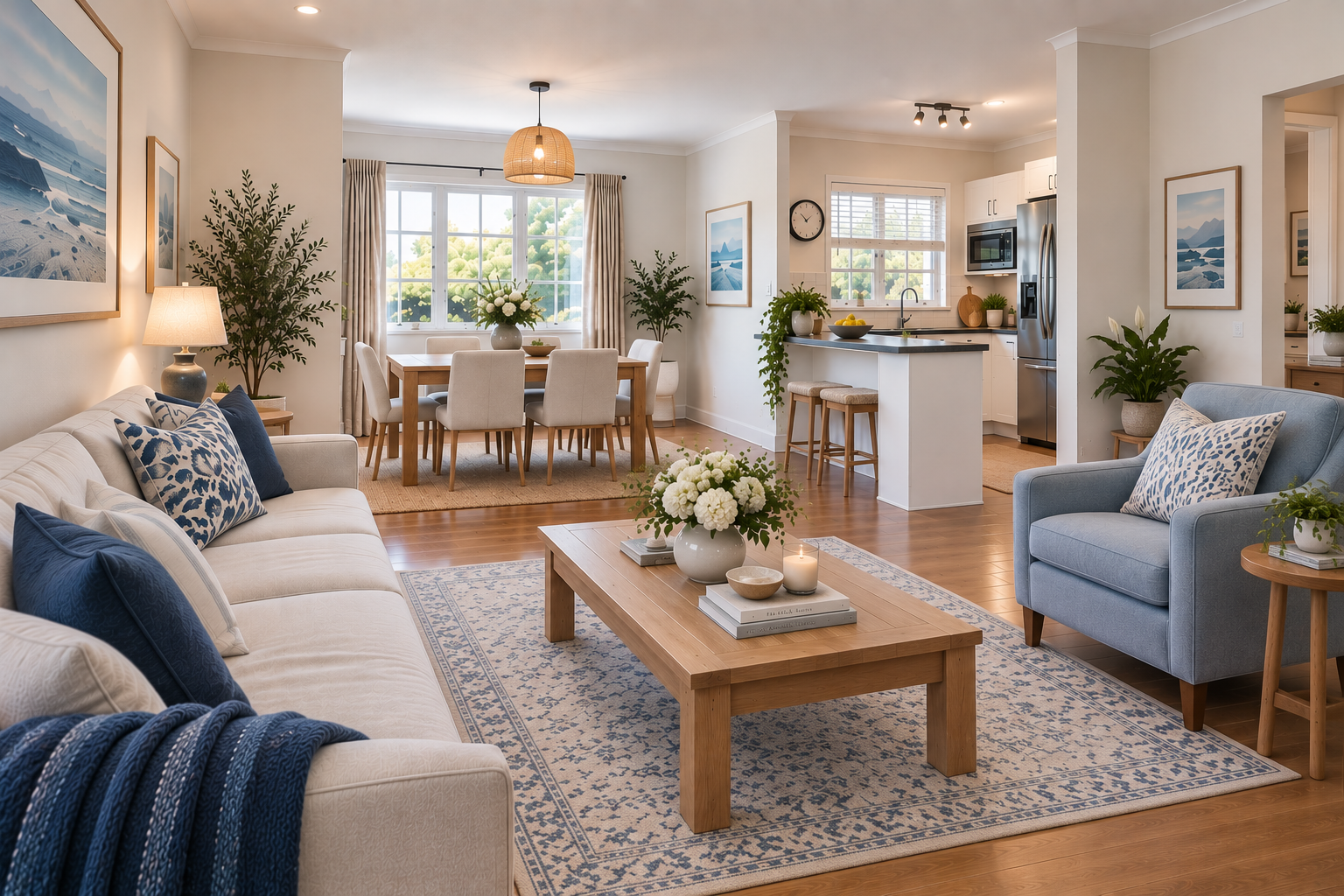 The open-plan room visually decluttered and restyled with lighter furnishings, a pale rug and clearer sightlines