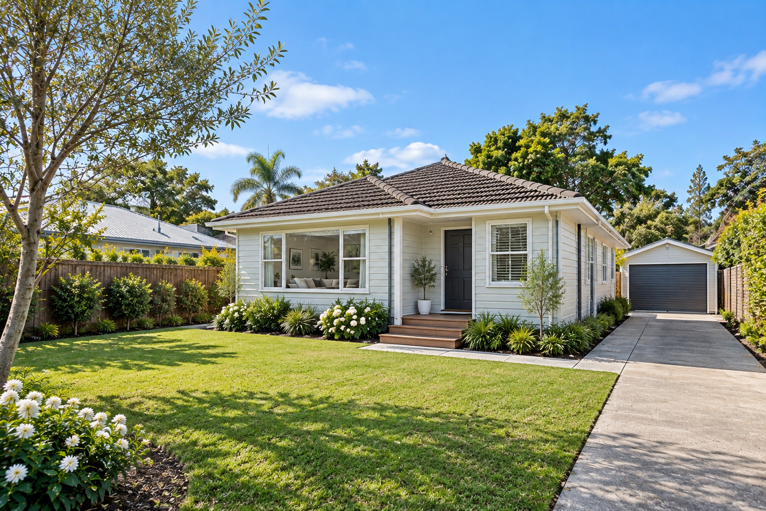 Detached light-coloured home, lawn, garden and driveway in bright daylight