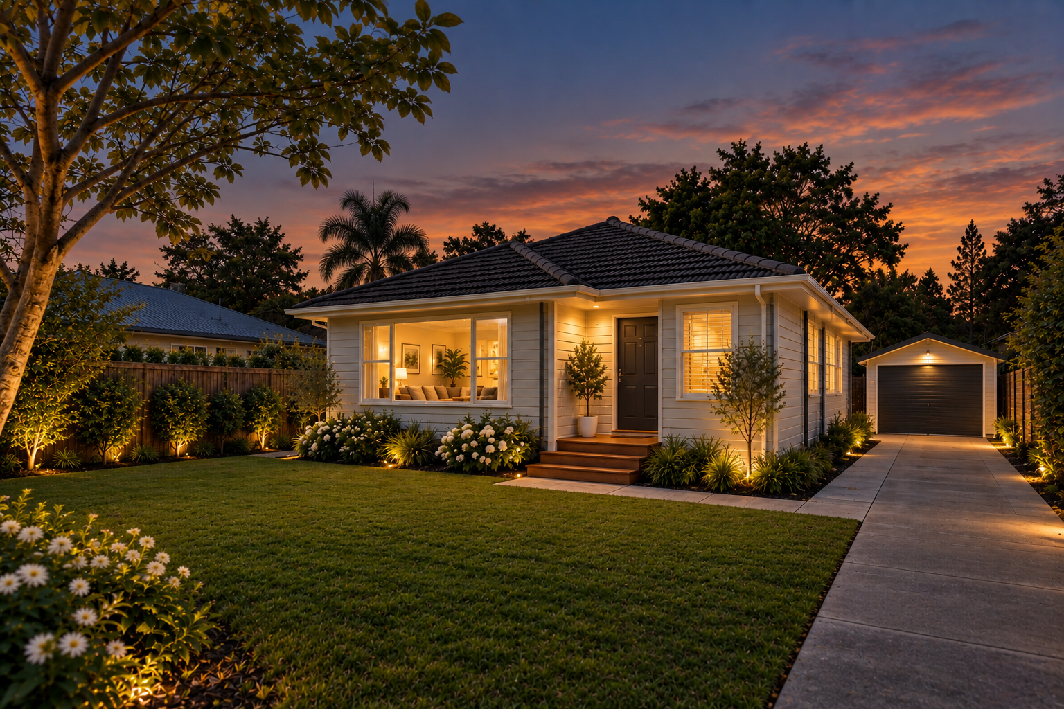 The same home and garden at dusk with a sunset sky and warm exterior lighting
