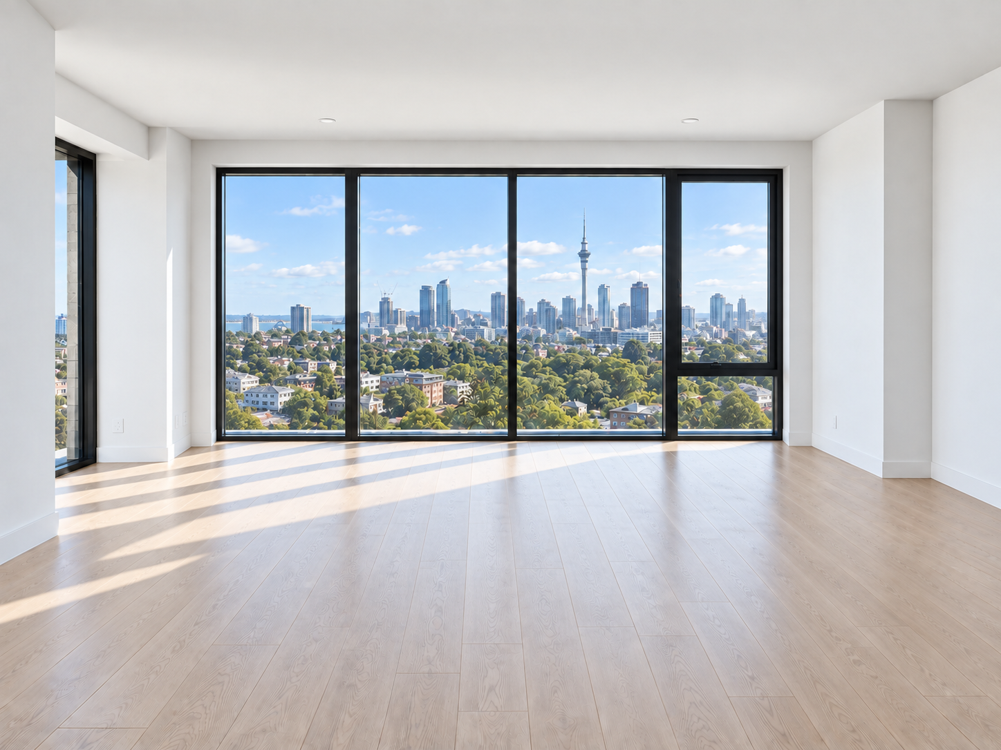 Empty, sunlit living room with pale timber floors and a wide Auckland city view