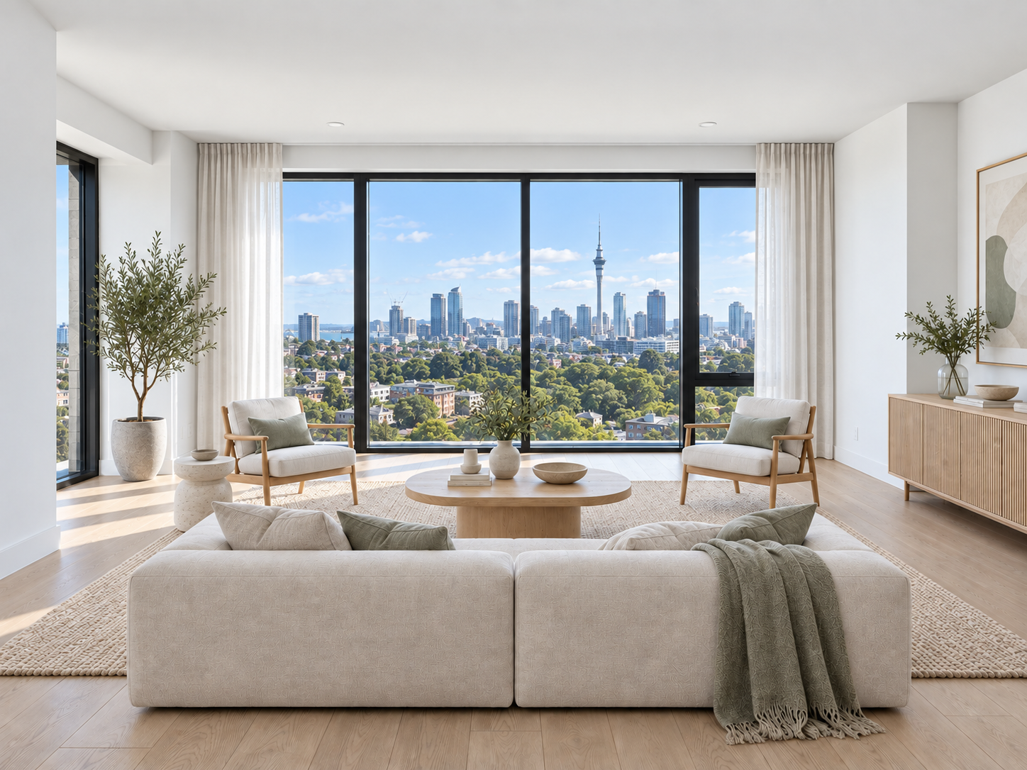 The same living room virtually staged with a neutral sofa, two armchairs, rug, coffee table and plants