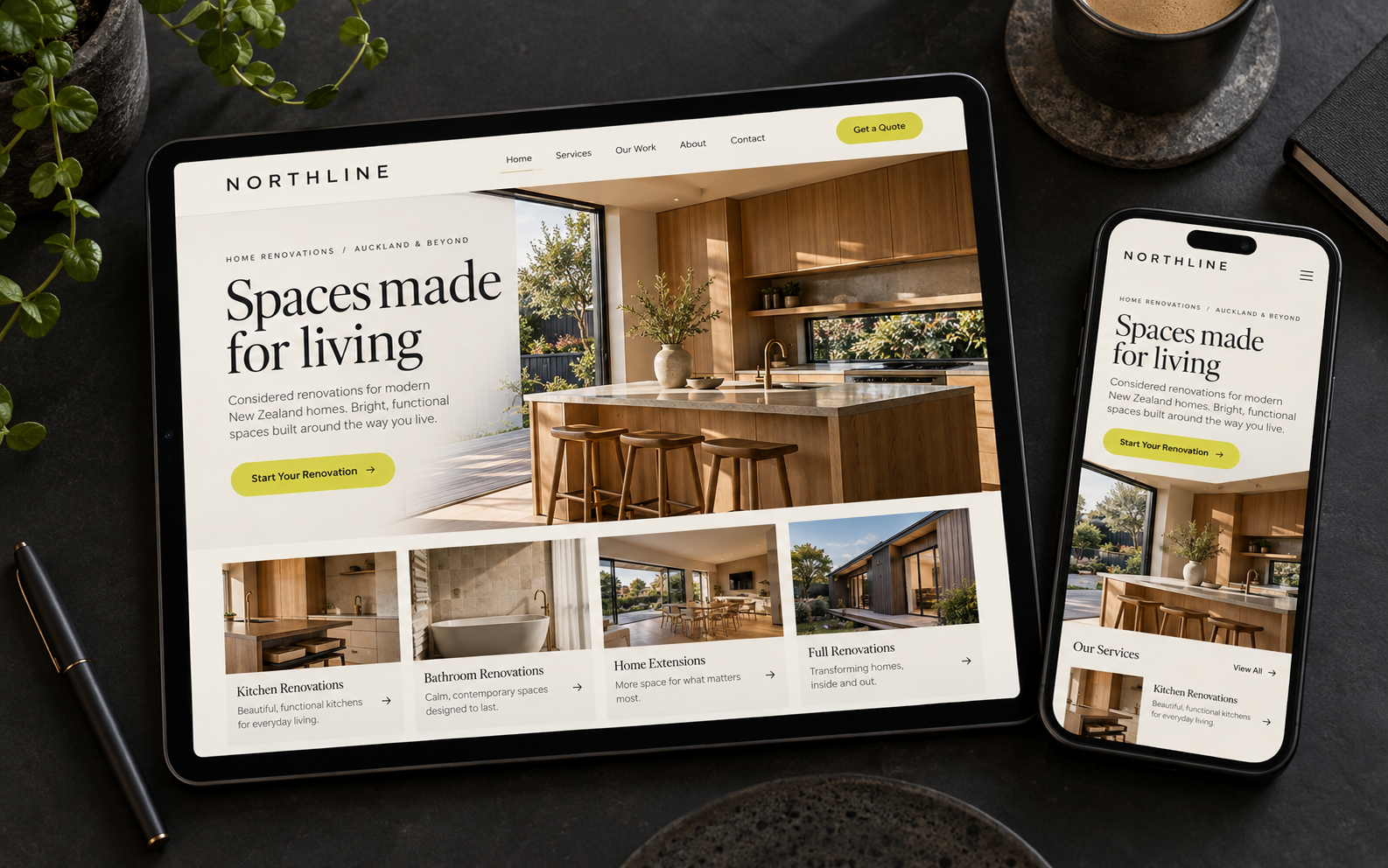 A fictional home-renovation website displayed on a tablet and phone